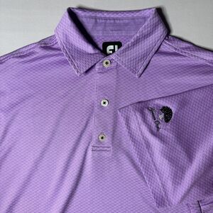 Foot Joy FJ Mens Large Polo Shirt Purple All Over Print Golf Green Oaks Logo